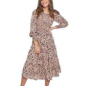 Leoni Phoenix Dress Peach Cheetah Smocked Balloon Sieeve Midi Dress Size S
